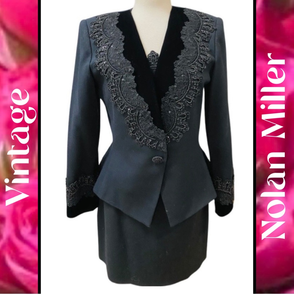 NOLAN MILLER 3pc Suit Black Wool Crepe Velvet Lace Beads Sequins Sz10 Vtg NEW